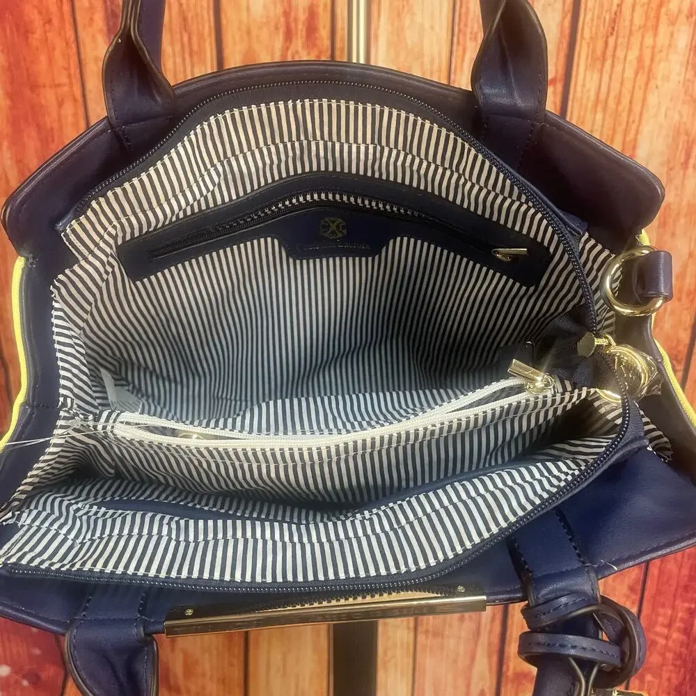 NWOT Christian Lacroix Jada Structured Satchel Crossbody Navy/Yellow Faux Leathe